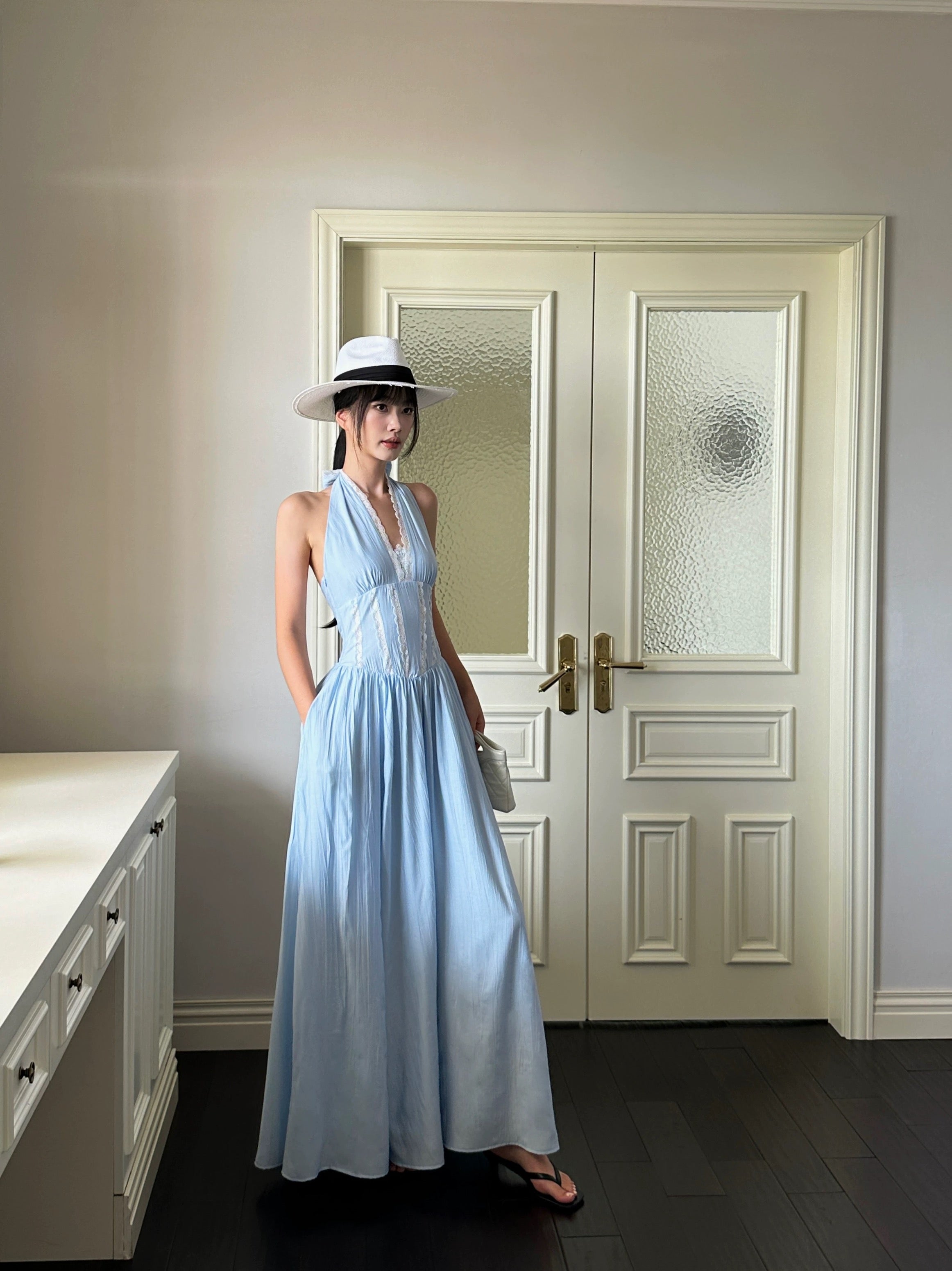 Blue French Striped Lace Halter Jumpsuit & High Waist Backless Maxi Skirt Set