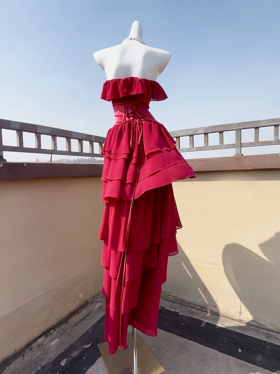 Off-Shoulder Red Tiered Ruffle Evening Gown
