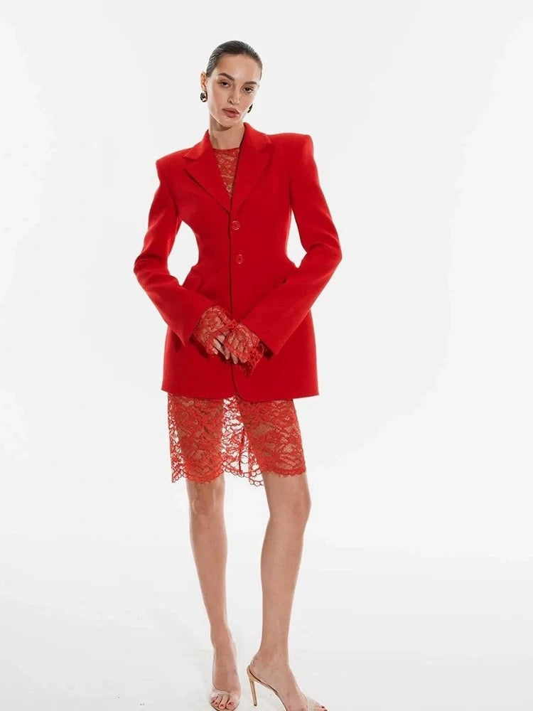 Red Lace-Trim Blazer Dress – Holiday Edition
