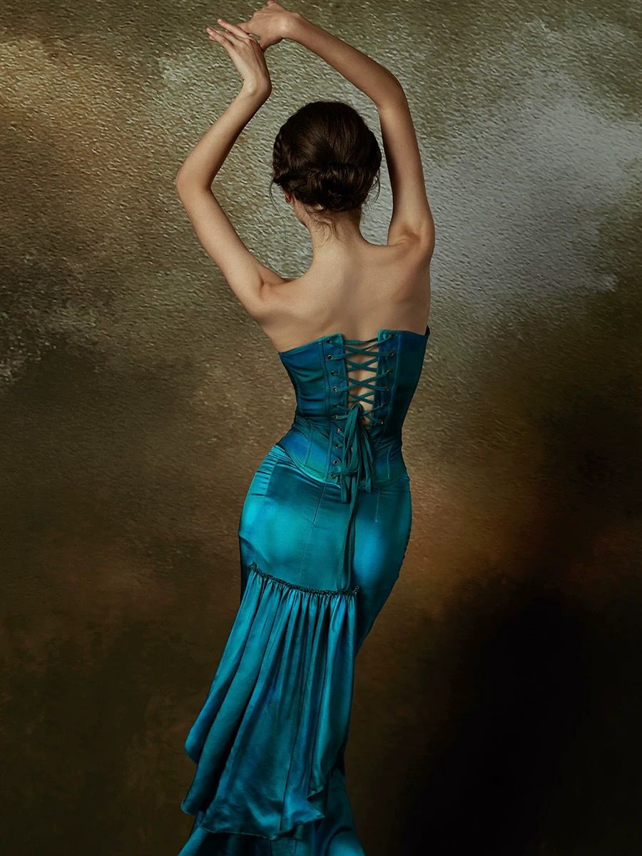 Teal satin corset evening gown
