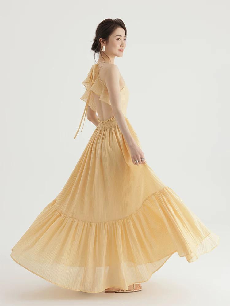 Yellow breezy boho maxi backless dress