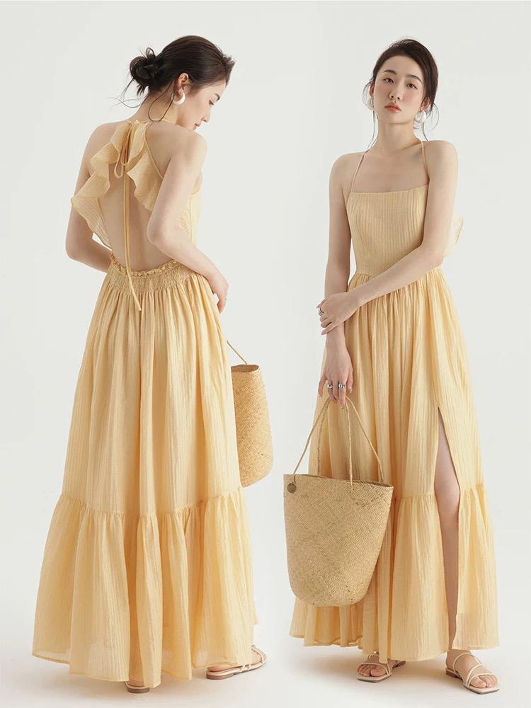 Yellow breezy boho maxi backless dress