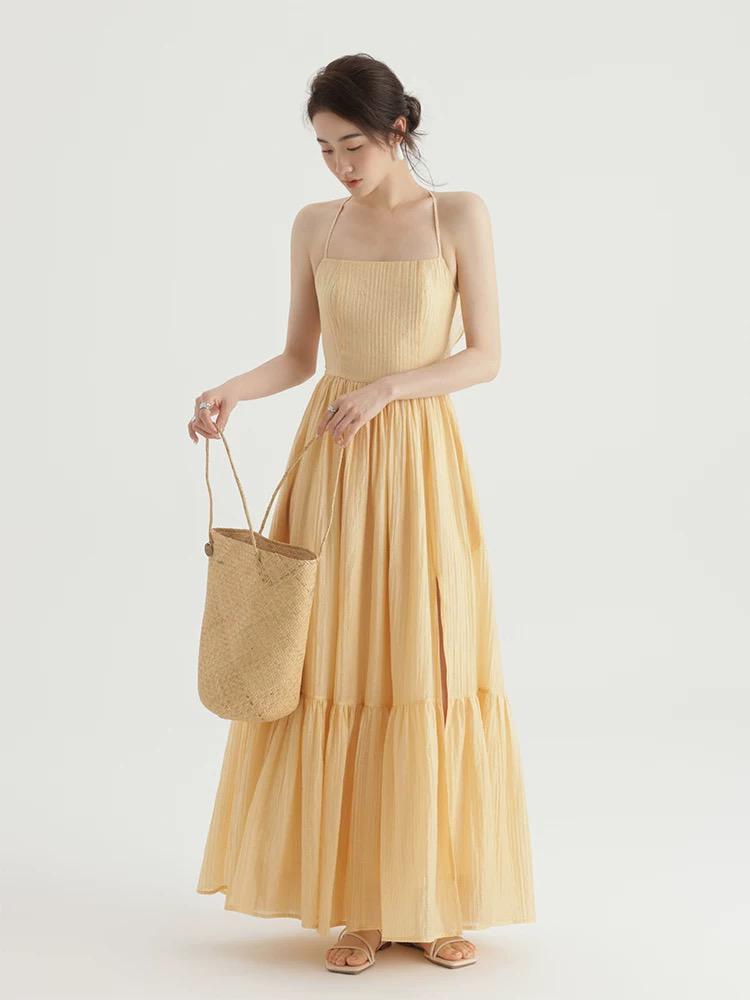 Yellow breezy boho maxi backless dress
