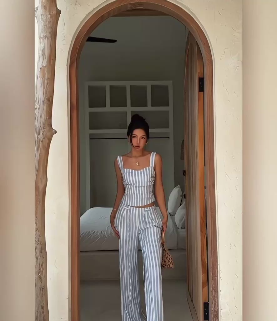 Blue & White Striped Off-Shoulder Two-Piece Set