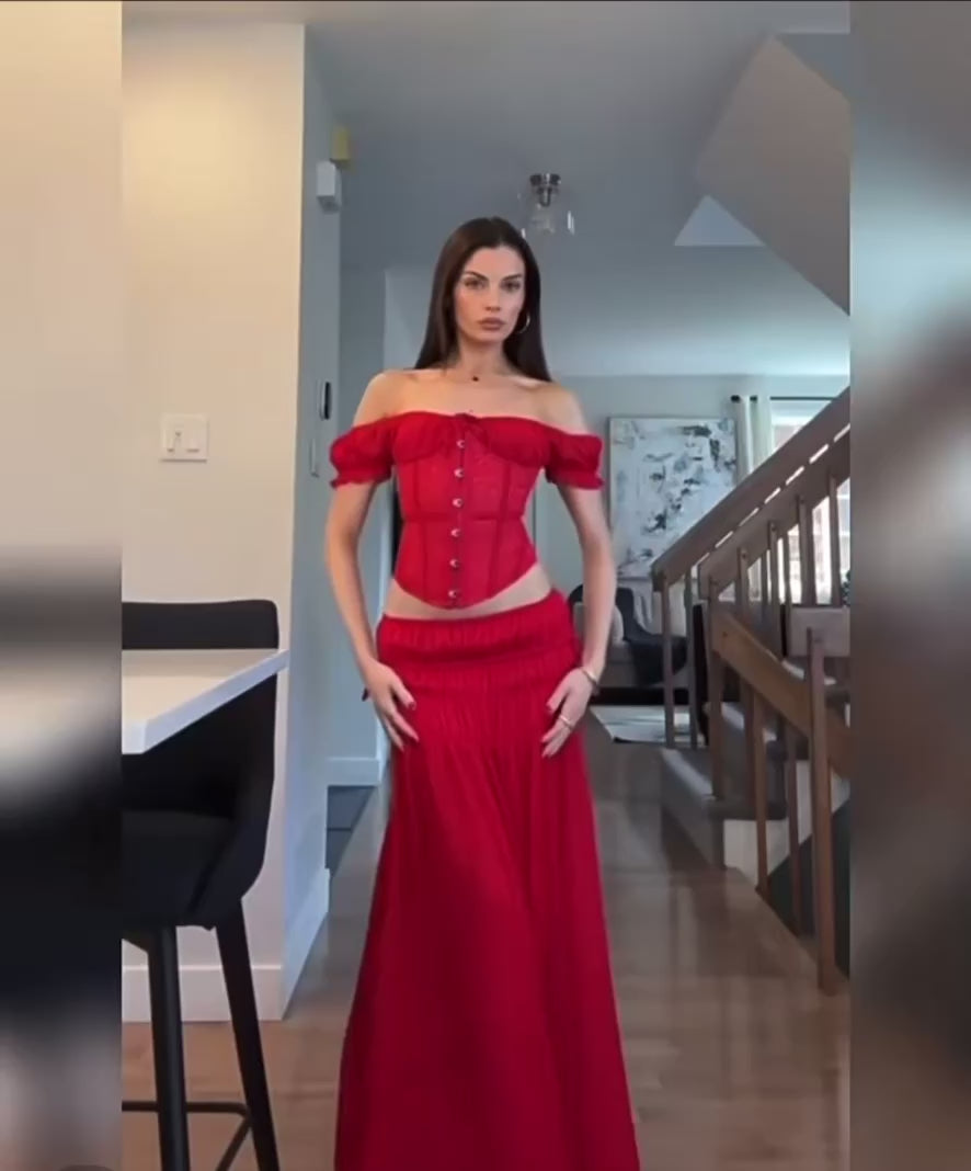 Women’s Off-Shoulder Corset Maxi Dress Set – Red, Pink, White & Black
