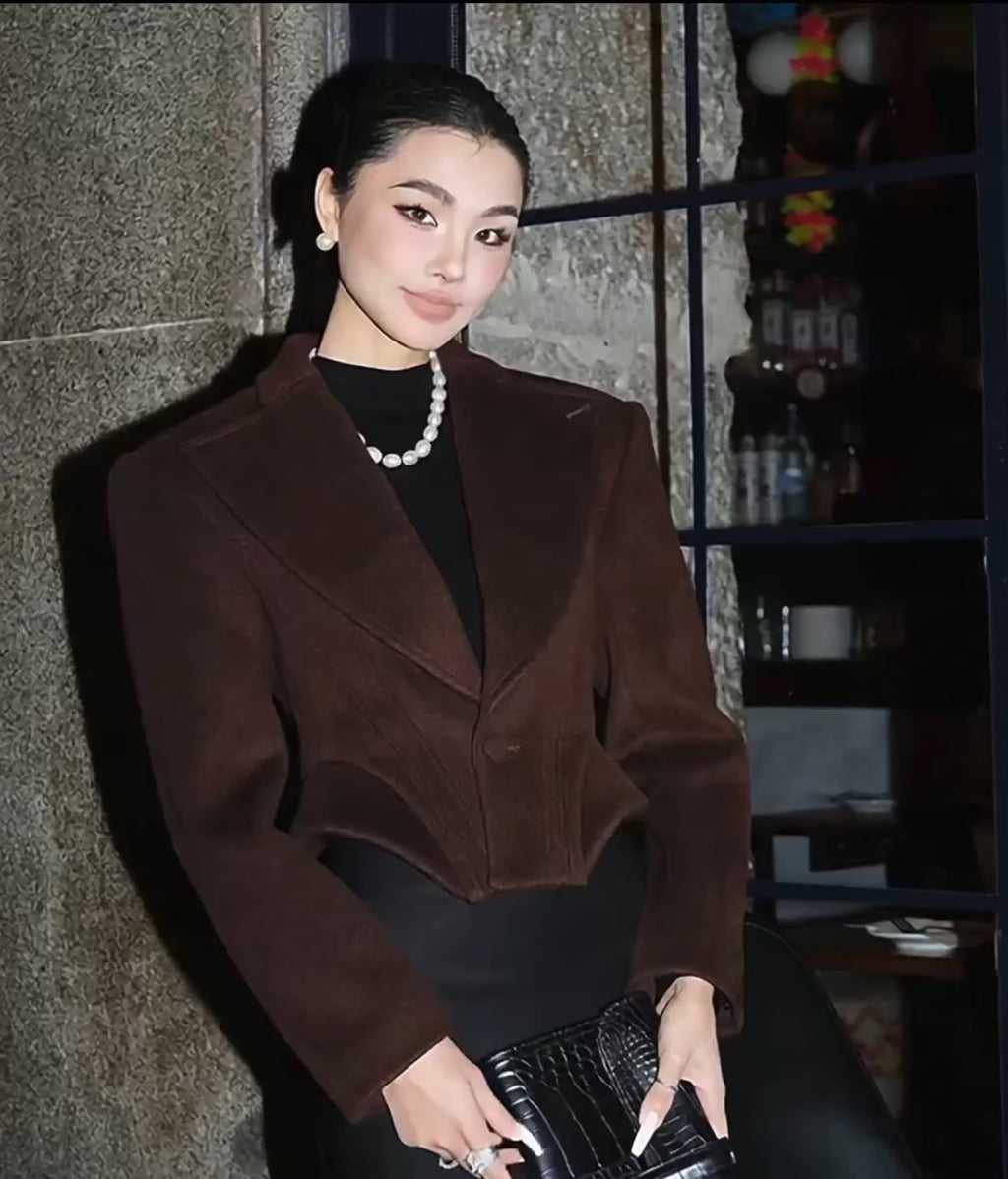 Brown Suede V-Neck Crop Jacket – Chic Fall/Winter  Essential