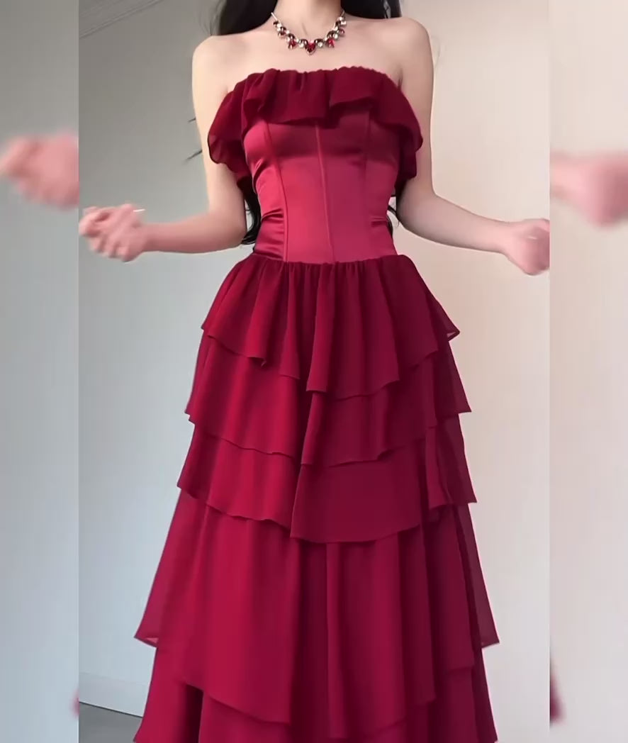 Off-Shoulder Red Tiered Ruffle Evening Gown