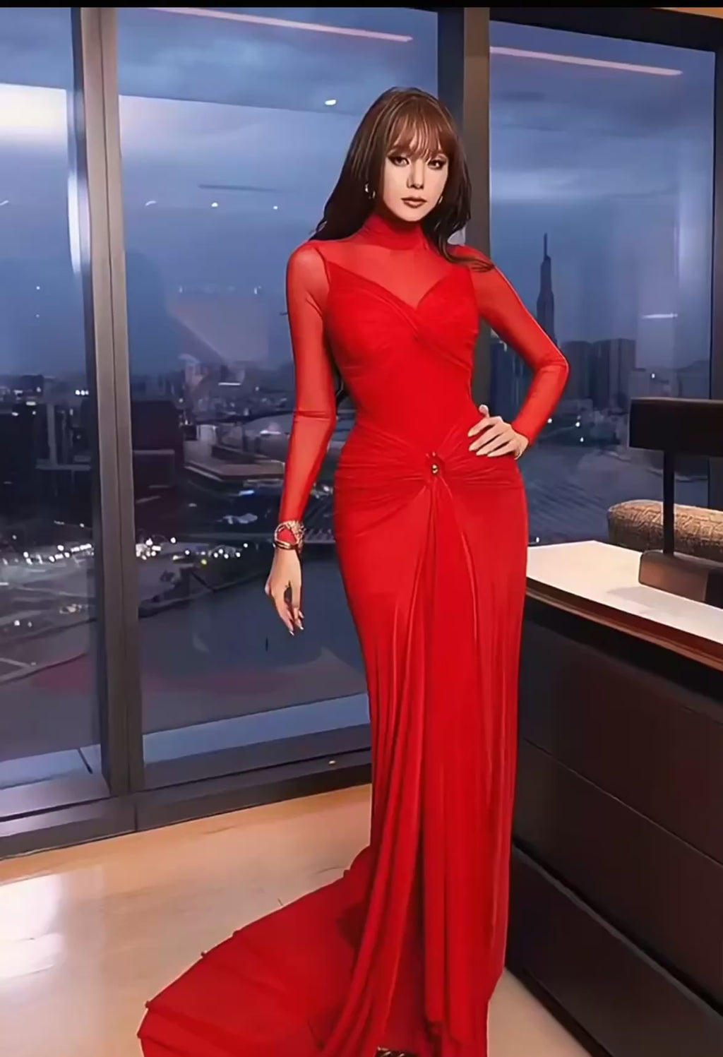Red Elegance Mesh Evening Gown – Christmas Collection