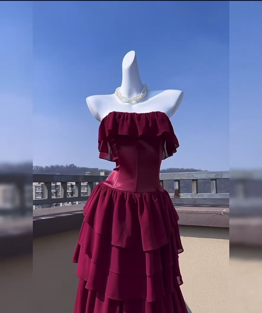 Off-Shoulder Red Tiered Ruffle Evening Gown