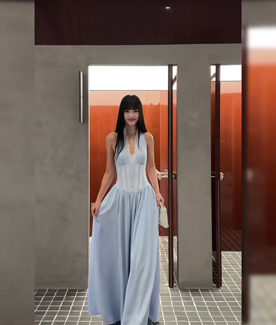 Blue French Striped Lace Halter Jumpsuit & High Waist Backless Maxi Skirt Set