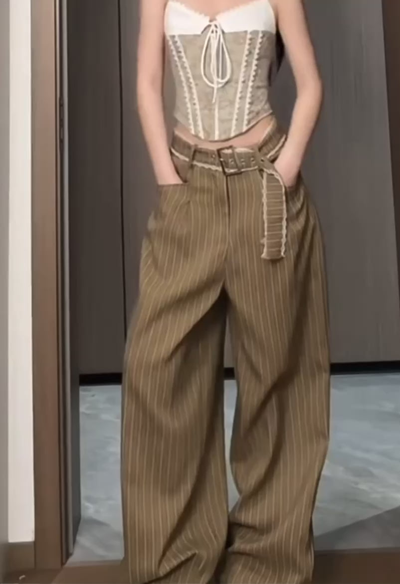 French Retro Khaki Wide-Leg Trousers – High-Waisted Slimming Casual Pants
