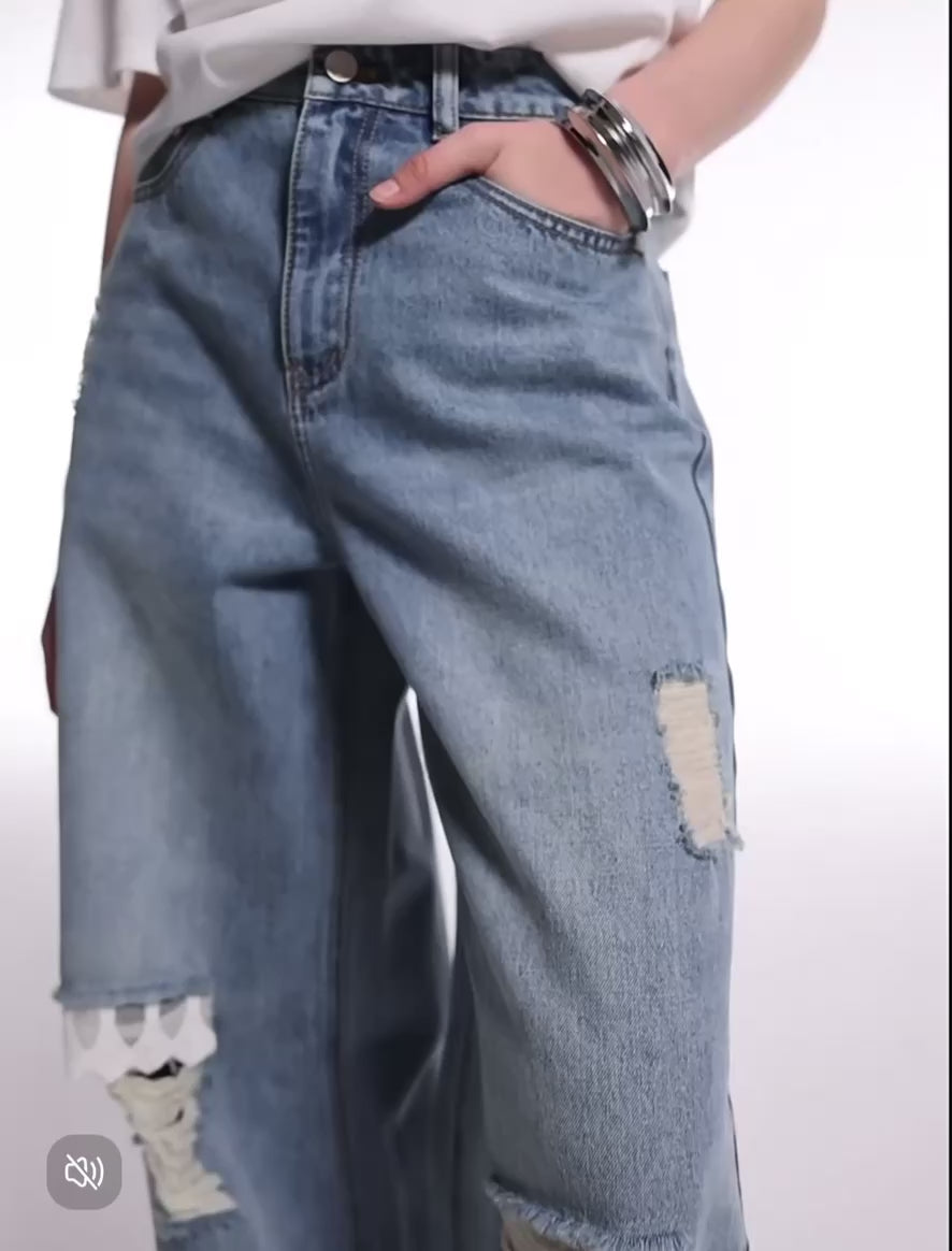Women’s Distressed Ripped Jeans – Faded Blue & White